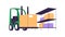 Forklift loading, unloading box package on warehouse shelves. Cargo storage, stockroom. Cardboard stored in storehouse
