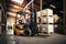 Forklift loads pallets and boxes in warehouse