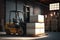 Forklift loads pallets and boxes in warehouse