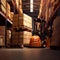 Forklift loads pallets and boxes in a warehouse