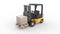 Forklift moving and lifting up cardboard box pallet on white background. Transportation and Industrial concept. Shipment and