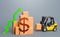 Forklift near a stack of dollar boxes with a green up arrow. Sales growth concept. Production and freight of goods