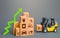 Forklift next to boxes and green up arrow. Logistics, transport infrastructure. Growth of online distribution of goods, increased