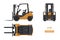 Forklift in realistic style. Top, side and front view. 3d image. Industrial isolated drawing of orange loader