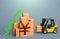 Forklift and stack of boxes with yen or yuan symbol and green up arrow. Sales growth concept. Increase imports and exports, post