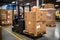 Forklift transporting boxes in a busy warehouse for efficient cargo loading by Generative AI