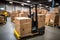 Forklift transporting boxes in a busy warehouse for efficient cargo loading by Generative AI