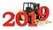 Forklift truck with 2019, New Year and Christmas deliver concept