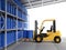 Forklift truck with blue barrels in warehouse