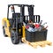 Forklift truck with box full of car parts, 3D rendering