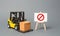 Forklift truck carries a cardboard box near a stand with a red symbol NO. No delivery. Restriction on the importation of goods