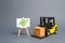 forklift truck carries a cardboard box and a stand with a green arrow up. Profit growth from sales and high production of goods