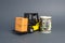 A forklift truck carries cardboard boxes and dollar roll. Transport company. Performance efficient. Trade and production