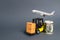 A forklift truck carries cardboard boxes near a dollar roll and airplane. Transport company. Performance efficient. Trade