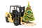 Forklift truck with Christmas tree. Gift delivery concept, 3D re