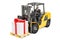 Forklift truck with gift box. Gift delivery concept, 3D rendering