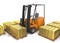 Forklift truck for industrial warehouse loads pallets with gold