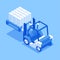Forklift truck lifting stack construction bricks isometric vector commercial cargo industrial supply