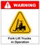 Forklift truck sign. Symbol of threat alert. Hazard warning icon. Black lift-truck with the silhouette of a man emblem