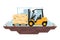 Forklift truck transporting boxes in a warehouse. Heavy machinery used in industry. safety cones