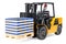 Forklift truck with wooden pallet full of drink metallic cans in