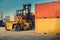 Forklift unloading and container stack in yard cargo shipping. , Heavy equipment.