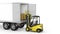Forklift unloads or loads white blank semi-trailer