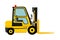 Forklift vector illustration, heavy loader. Cargo from warehouse to truck. Storage equipment racks, pallets with goods. shipping