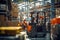 Forklift in warehouse. Industrial background. Selective focus. humanoid robot operating a forklift at a bustling industrial