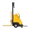 Forklift warehouse or storage equipment. Yellow machine without driver isolated on white background. Delivery, shipment