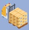 Forklift with wooden pallet with card boxes, postal transportation, logistic delivery transport