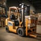 Forklifts lift goods in industrial settings or warehouses for export and import shipping containers