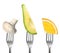 Forks with different vegetables and fruits on background. Healthy meal