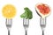 Forks with different vegetables and fruits on background. Healthy meal