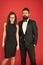 Formal couple of man in tuxedo and sexy woman. Bearded man and woman in formal dress. couple in love on date. business