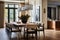 A formal dining room with a long wooden table, designer chairs, and a statement lighting fixture.