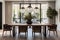 A formal dining room with a long wooden table, designer chairs, and a statement lighting fixture.