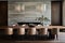 A formal dining room with a long wooden table, designer chairs, and a statement lighting fixture.