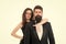 Formal fashion. Business couple. Love. Romantic couple in love. Elegant couple in formal wear. sexy woman bearded man