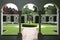 Formal garden through arched windows