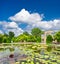 Formal garden. beautiful pond in public park.