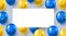 Formal greeting design in national blue and yellow colors with realistic flying helium balloons