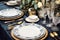 Formal holiday tablescape with blue decor, dinner table setting, table scape with elegant tableware and dinnerware for wedding