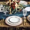 Formal holiday tablescape with blue decor, dinner table setting, table scape with elegant tableware and dinnerware for wedding