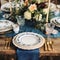 Formal holiday tablescape with blue decor, dinner table setting, table scape with elegant tableware and dinnerware for wedding