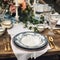 Formal holiday tablescape with blue decor, dinner table setting, table scape with elegant tableware and dinnerware for wedding