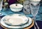 Formal holiday tablescape with blue decor, dinner table setting, table scape with elegant tableware and dinnerware for wedding