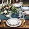 Formal holiday tablescape with blue decor, dinner table setting, table scape with elegant tableware and dinnerware for wedding