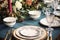 Formal holiday tablescape with blue decor, dinner table setting, table scape with elegant tableware and dinnerware for wedding