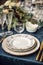 Formal holiday tablescape with blue decor, dinner table setting, table scape with elegant tableware and dinnerware for wedding